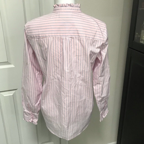 LAND’S END Pink and Blue Stripe Ruffled Oxford Button Down Blouse 10 - Picture 2 of 5